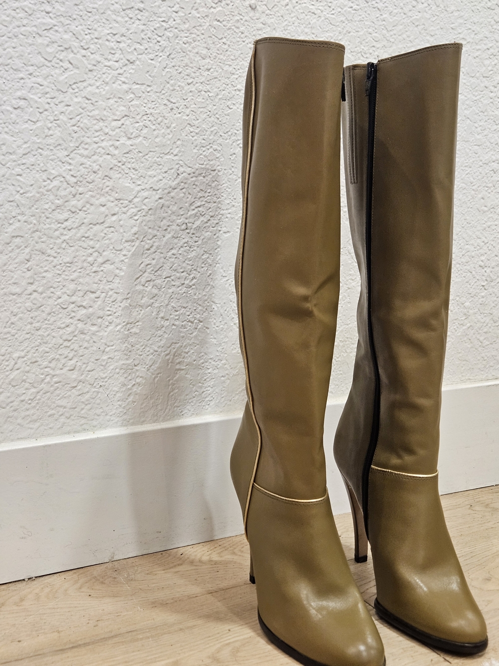 Vintage The Wild Pair Olive Leather Stiletto Knee High Boots Retro 1970/80s